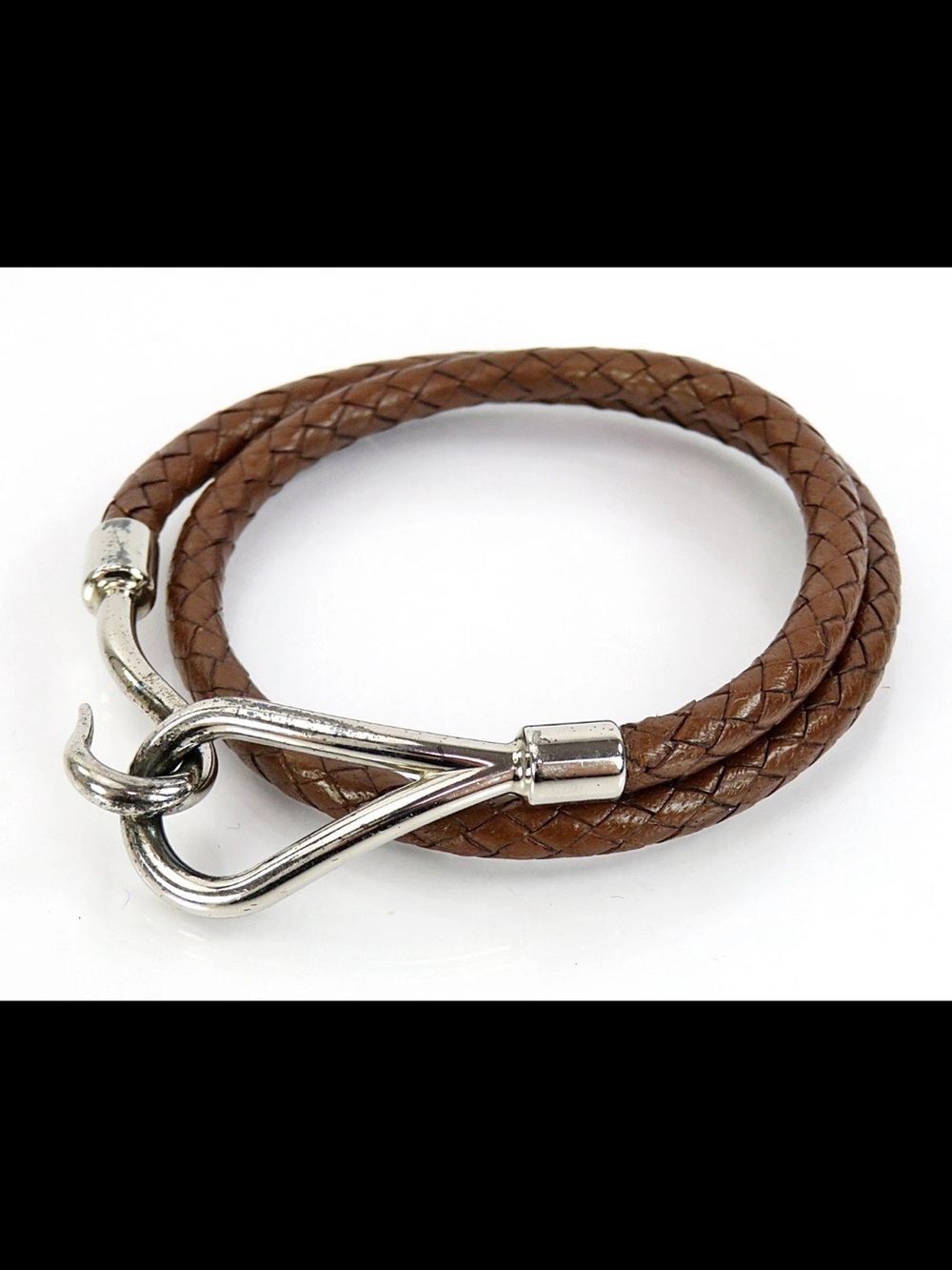 Hermes Brown Braided Leather Double Wrap Bracelet with Silver Hook